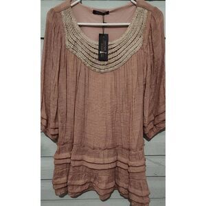 Pink tiered lined blouse with crochet neckline NWT Size S. Adorn Fashion